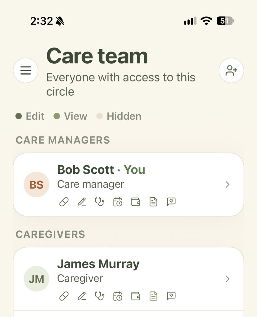 Care team & permissions screen