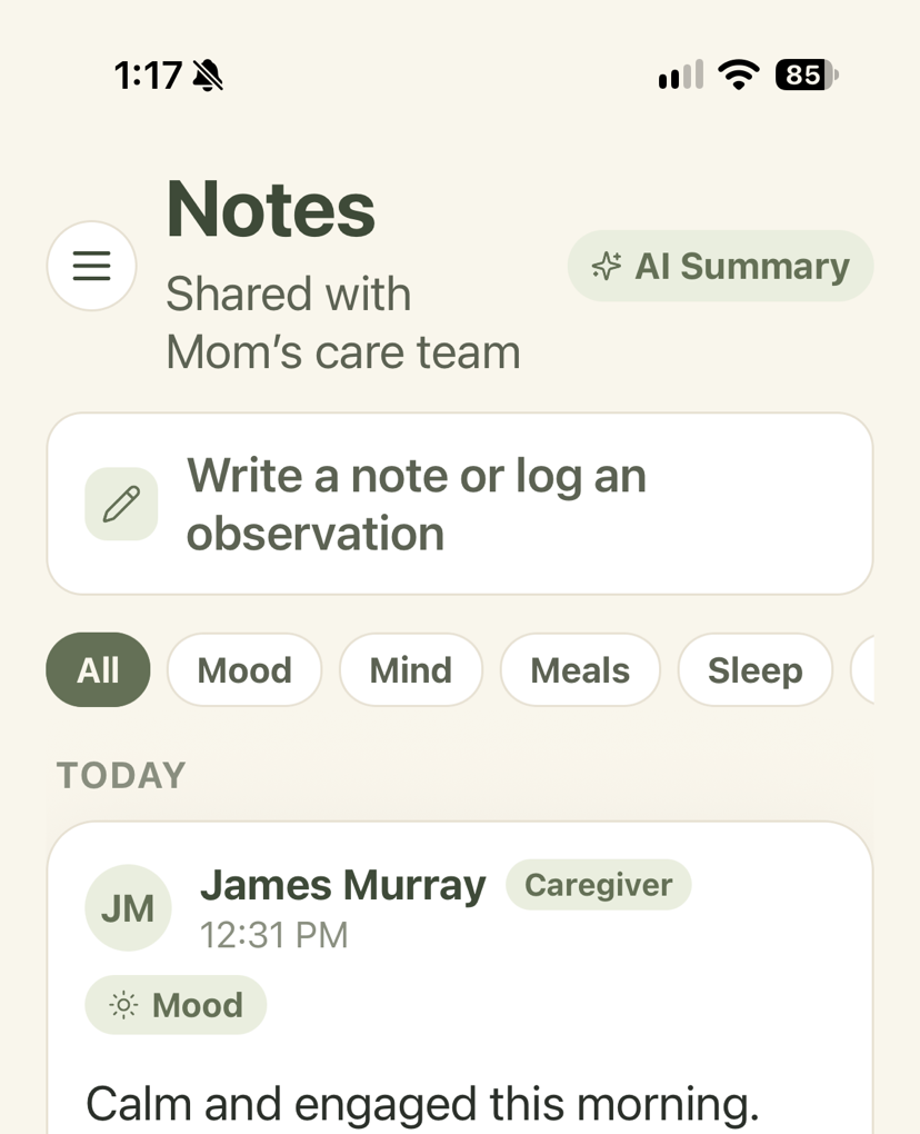 The shared notes timeline