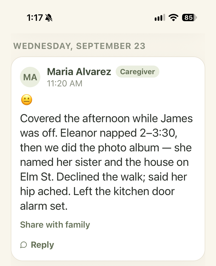 A respite worker's visit note