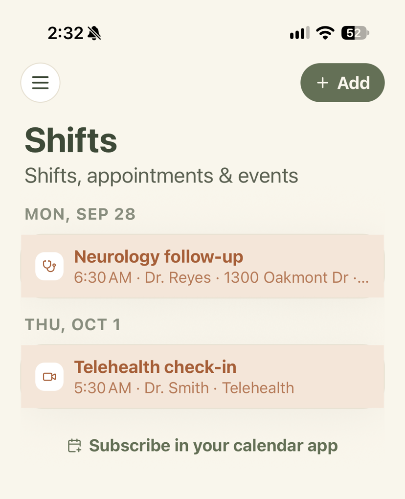 The Shifts screen