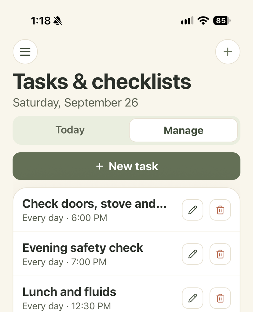 Suggested tasks for a dementia diagnosis, each added with one tap