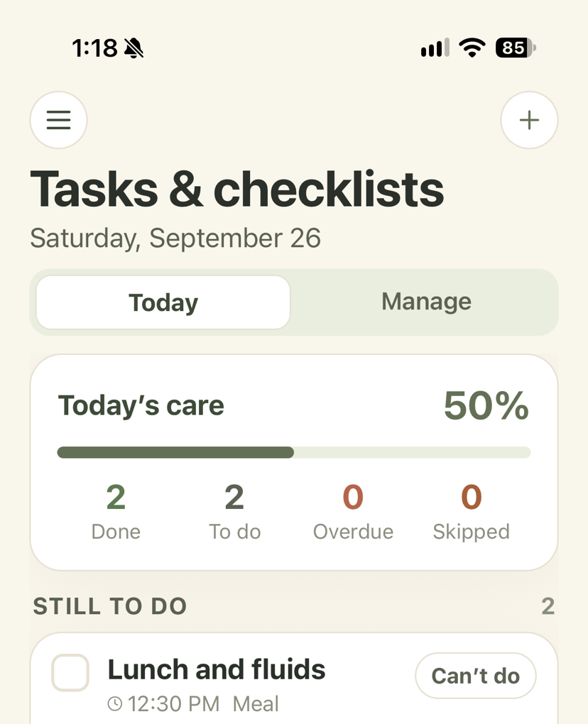 Today's tasks and checklist