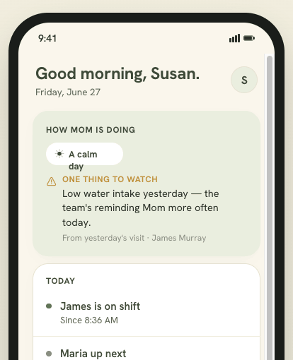 The Binda Home screen, showing a greeting, a short read on how the week is going, and who is on shift today