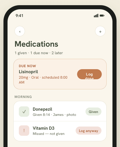 The Medications screen with a dose due now, one already given, and one marked missed